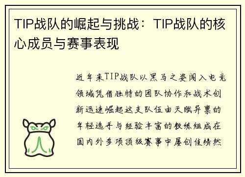 TIP战队的崛起与挑战：TIP战队的核心成员与赛事表现