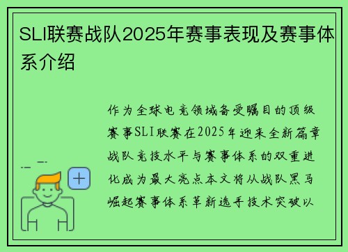 SLI联赛战队2025年赛事表现及赛事体系介绍